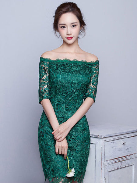 Elegant Lace Cocktail Off The Shoulder Sheath Party Mini Dress