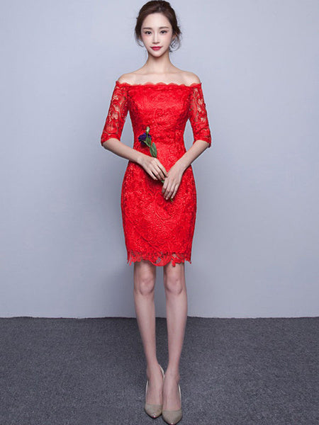 Elegant Lace Cocktail Off The Shoulder Sheath Party Mini Dress