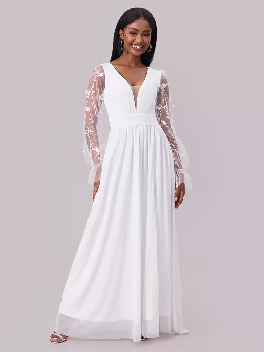 Lace Detail With Deep V-Neck And Sheer Long Sleeves Maxi Party Dress