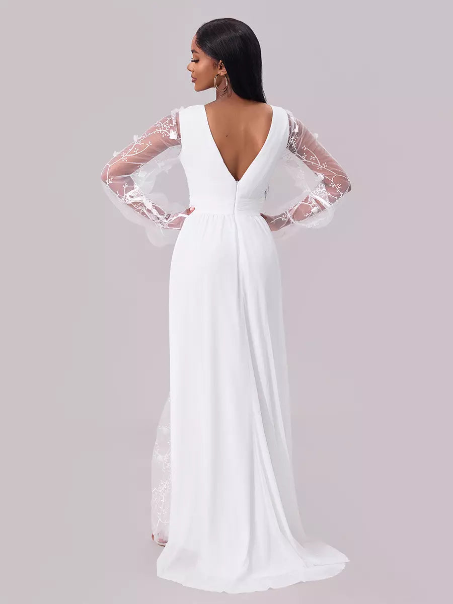 Lace Detail With Deep V-Neck And Sheer Long Sleeves Maxi Party Dress