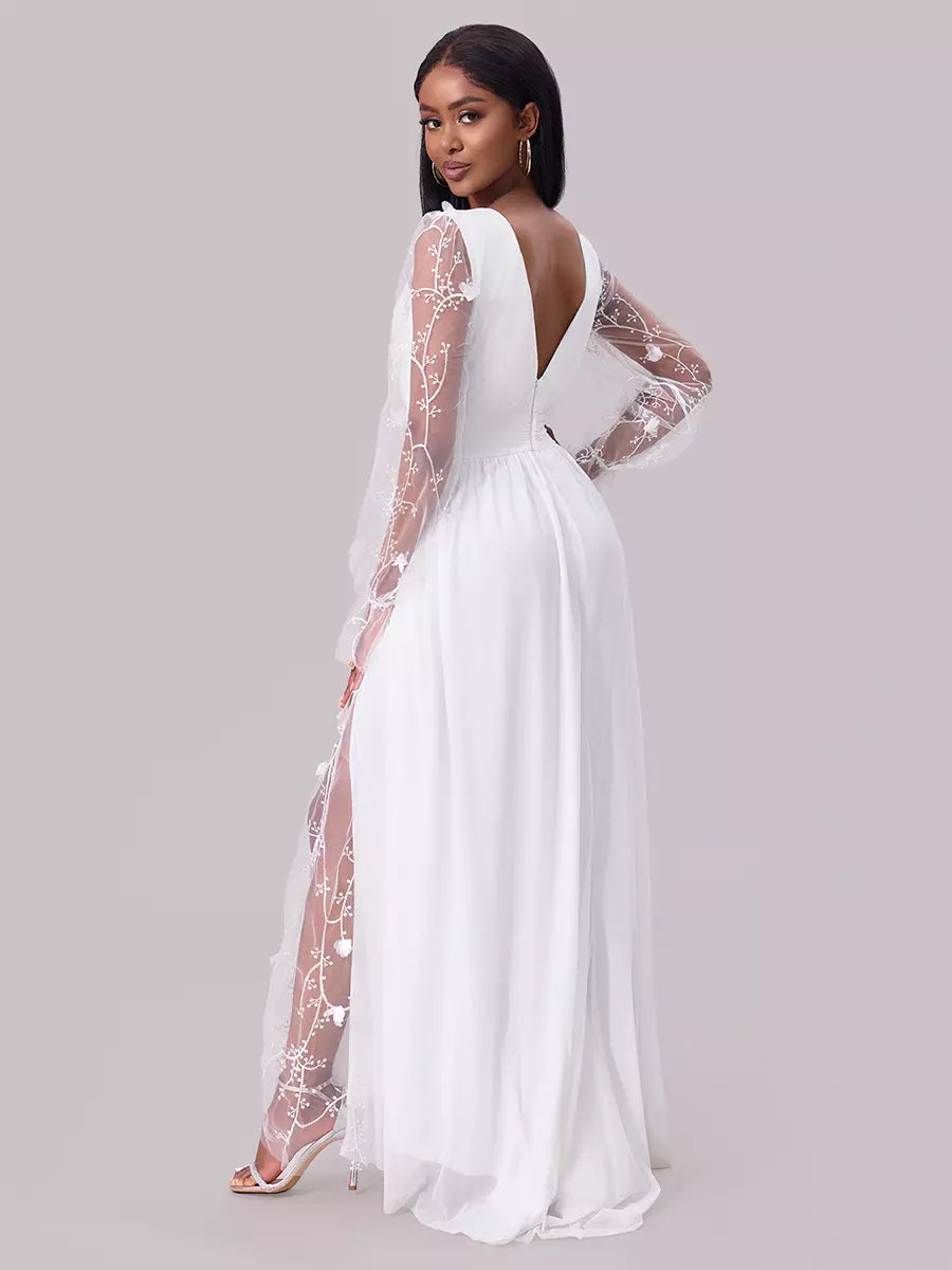 Lace Detail With Deep V-Neck And Sheer Long Sleeves Maxi Party Dress