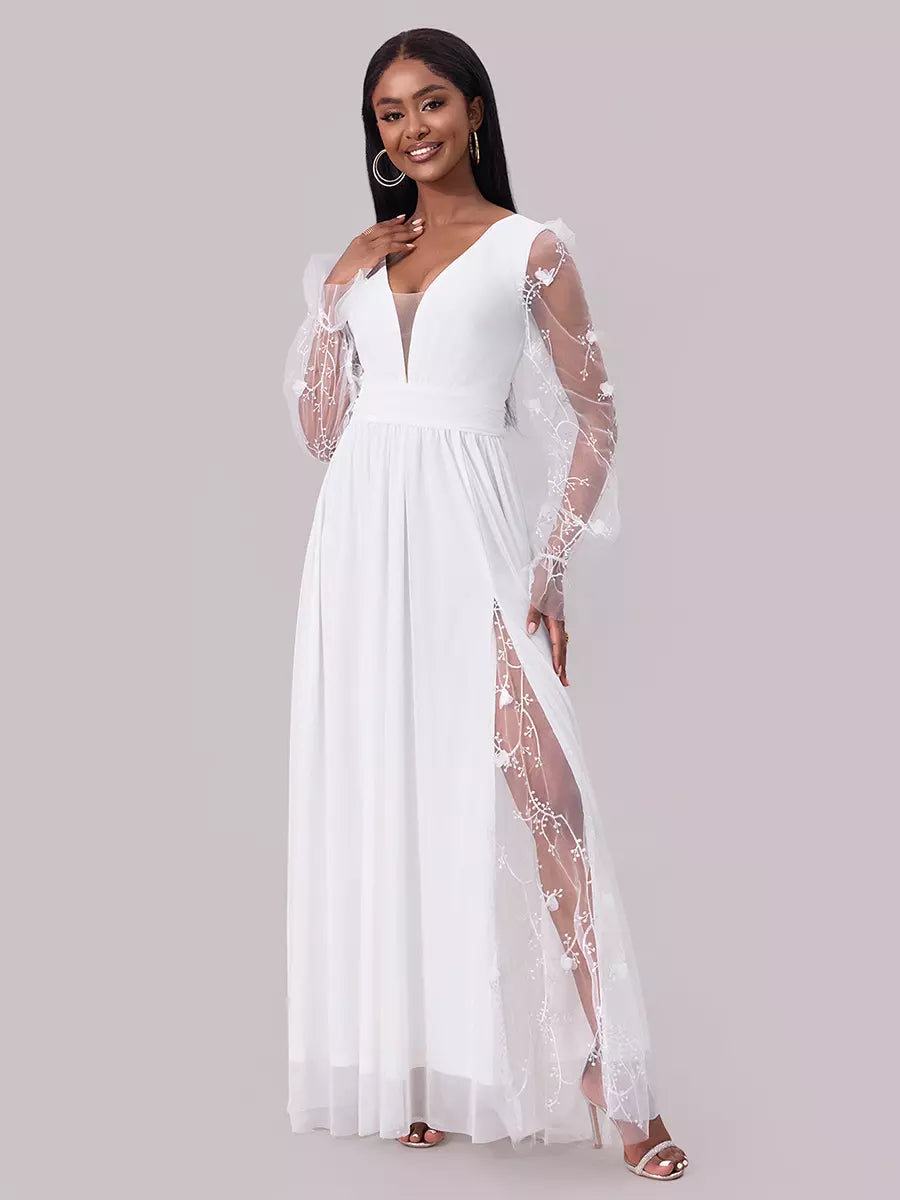 Lace Detail With Deep V-Neck And Sheer Long Sleeves Maxi Party Dress