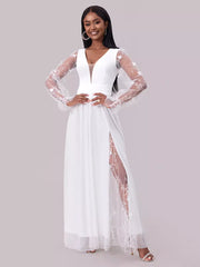Lace Detail With Deep V-Neck And Sheer Long Sleeves Maxi Party Dress