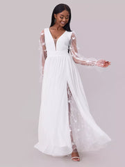 Lace Detail With Deep V-Neck And Sheer Long Sleeves Maxi Party Dress