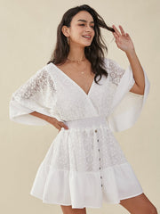 Lace Dolman Sleeve Open Back Tie Cross Front Dress