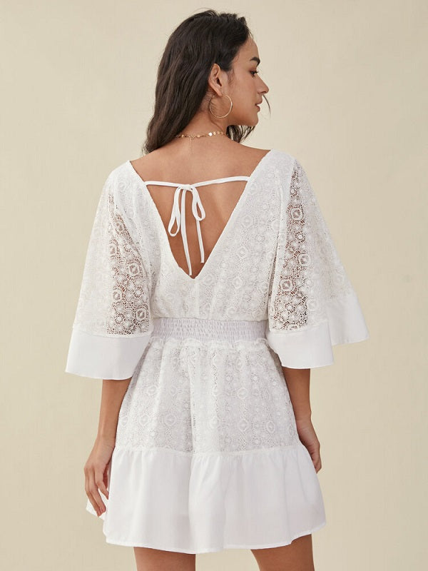 Lace Dolman Sleeve Open Back Tie Cross Front Dress