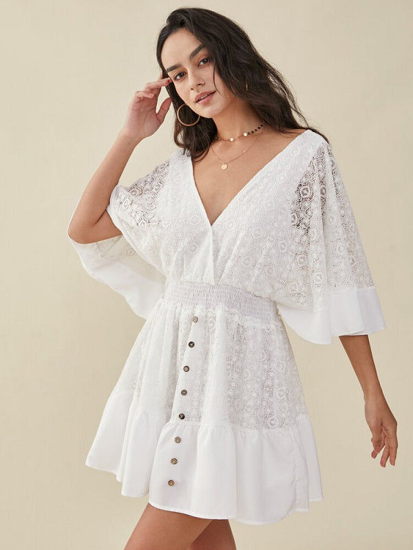 Lace Dolman Sleeve Open Back Tie Cross Front Dress