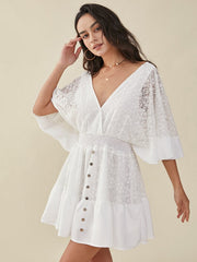 Lace Dolman Sleeve Open Back Tie Cross Front Dress