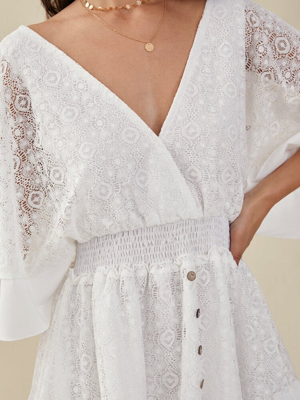 Lace Dolman Sleeve Open Back Tie Cross Front Dress
