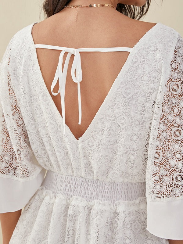 Lace Dolman Sleeve Open Back Tie Cross Front Dress