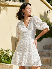 Lace Eyelet Solid Zip Lantern Sleeve V-neck Dress
