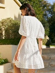 Lace Eyelet Solid Zip Lantern Sleeve V-neck Dress