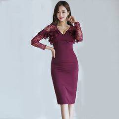 Elegant Solid Lace Hollow Out V-Neck Bodycon Party Dress
