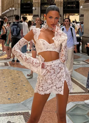 Lace Hollow Out Skirt Square Collar Ribbon Crop Top A-line Mini Split Skirt Sets