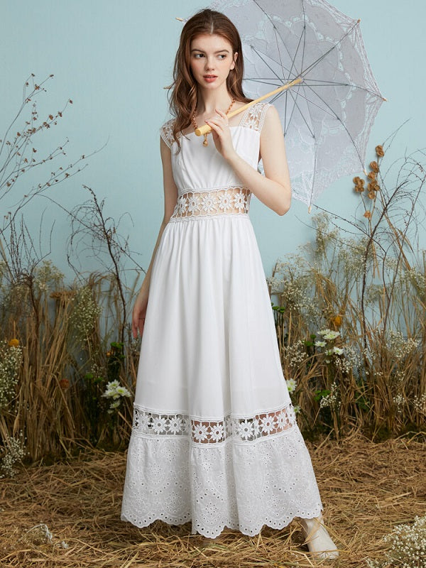 Lace Hollow Stitch Sleeveless Big Swing Maxi Dress
