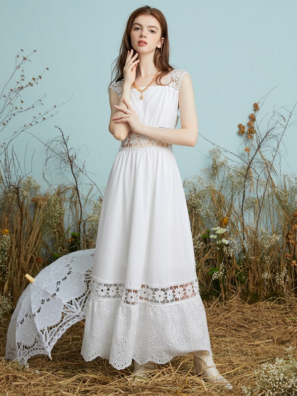 Lace Hollow Stitch Sleeveless Big Swing Maxi Dress