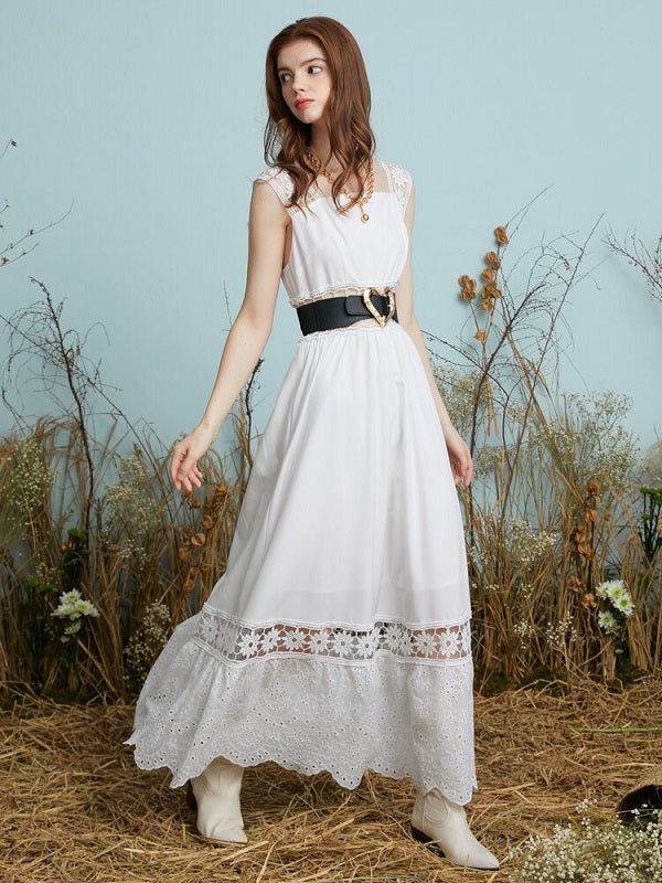 Lace Hollow Stitch Sleeveless Big Swing Maxi Dress