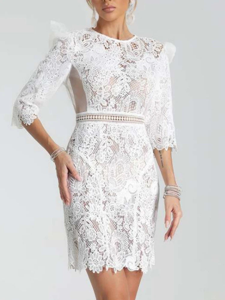 Lace Mesh Patchwork O Neck Half Sleeves Backless Party Evening Club Slim Mini Dresses