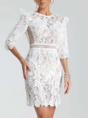 Lace Mesh Patchwork O Neck Half Sleeves Backless Party Evening Club Slim Mini Dresses
