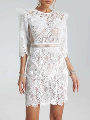 Lace Mesh Patchwork O Neck Half Sleeves Backless Party Evening Club Slim Mini Dresses