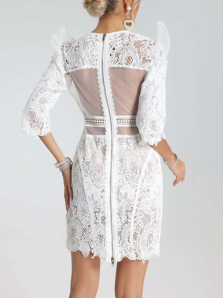 Lace Mesh Patchwork O Neck Half Sleeves Backless Party Evening Club Slim Mini Dresses