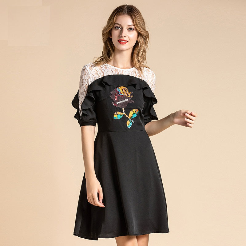 Vintage Lace Patchwork Sequin Flowers Ruffles Mini Dress