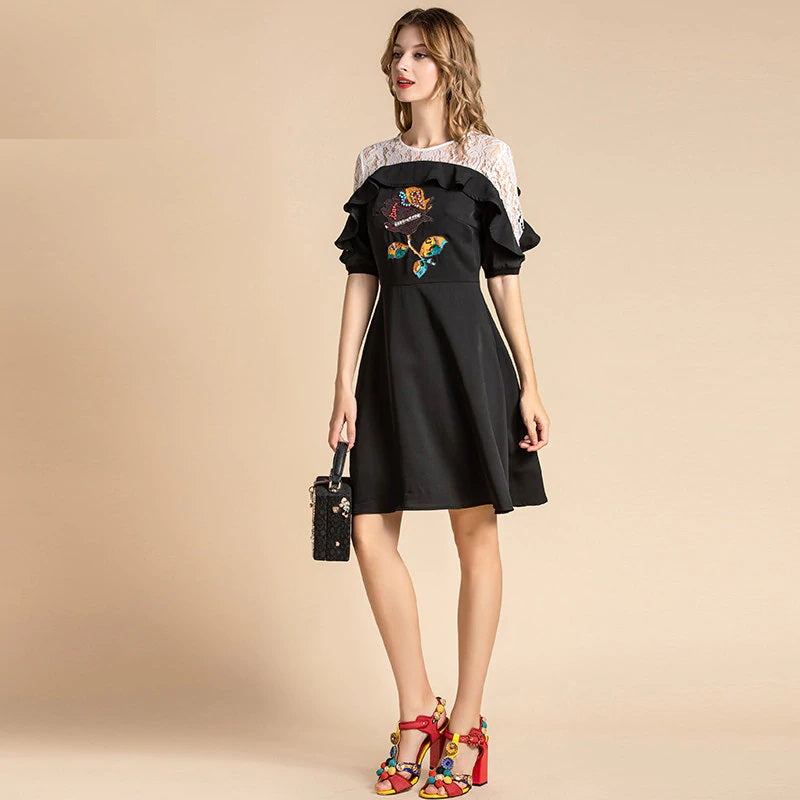 Vintage Lace Patchwork Sequin Flowers Ruffles Mini Dress