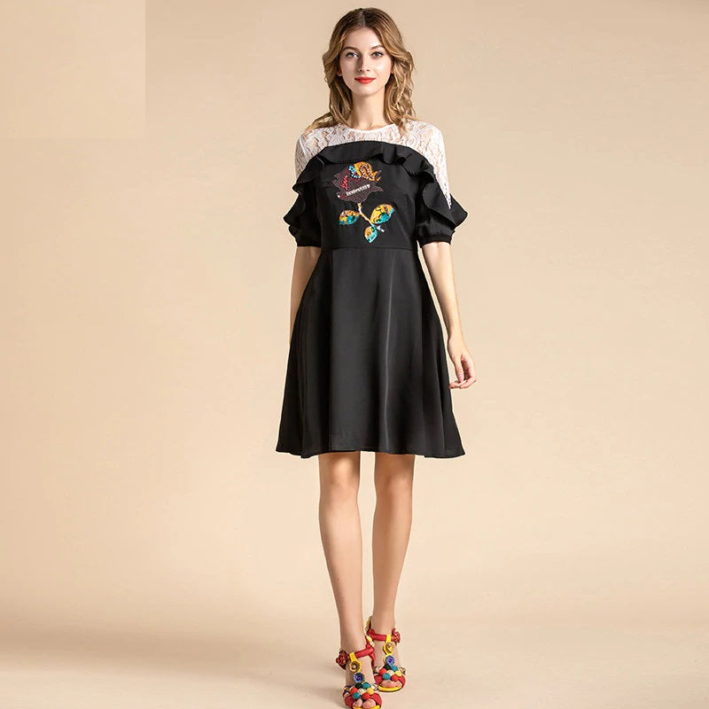 Vintage Lace Patchwork Sequin Flowers Ruffles Mini Dress