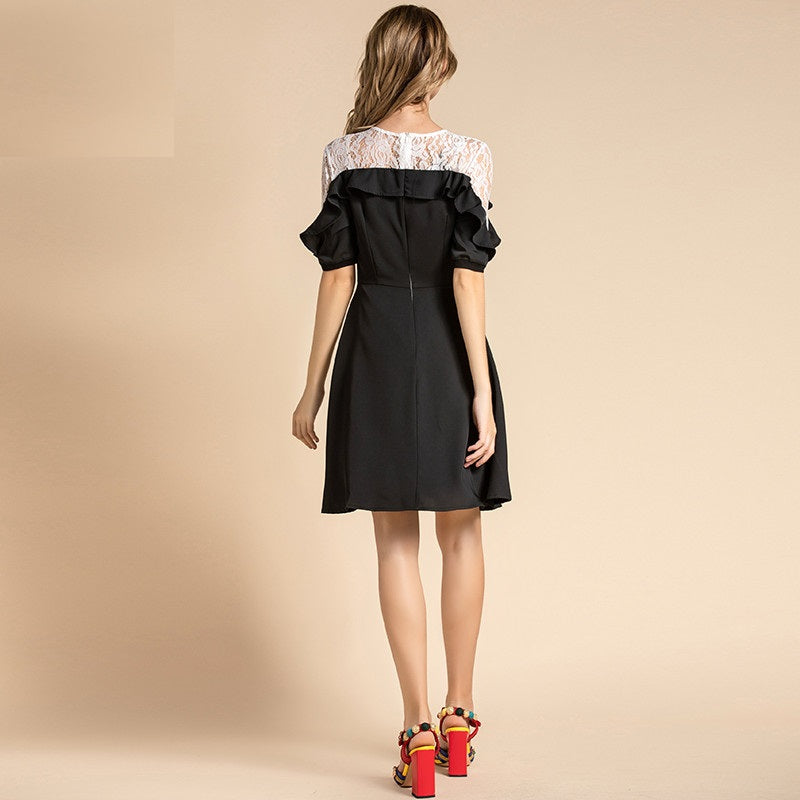 Vintage Lace Patchwork Sequin Flowers Ruffles Mini Dress