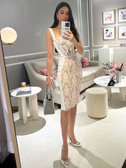 Lace Patchwork Square Collar Sleeveless Cocktail Party Bodycon Dresses