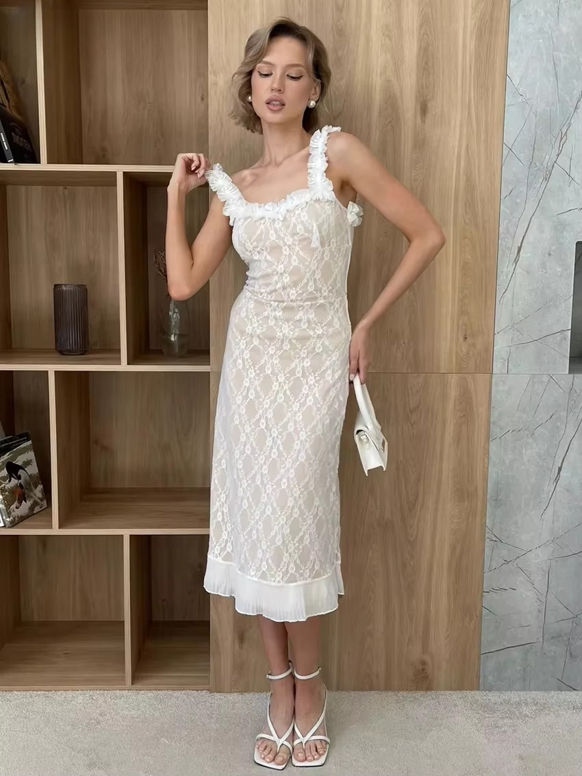 Lace Patchwork Square Collar Sleeveless Mid-Calf Dresses