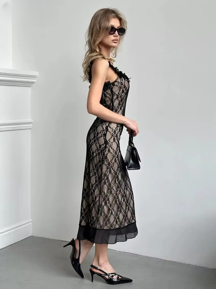 Lace Patchwork Square Collar Sleeveless Mid-Calf Dresses