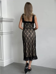 Lace Patchwork Square Collar Sleeveless Mid-Calf Dresses
