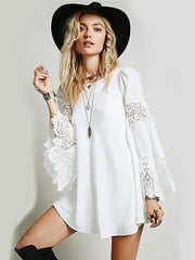 Elegant Lace Round Neck Bell Sleeve Chiffon Mini Dress