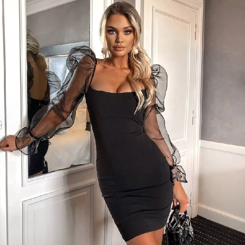 Lace Slash Neck Long Sleeve Club Mini Bodycon Dress