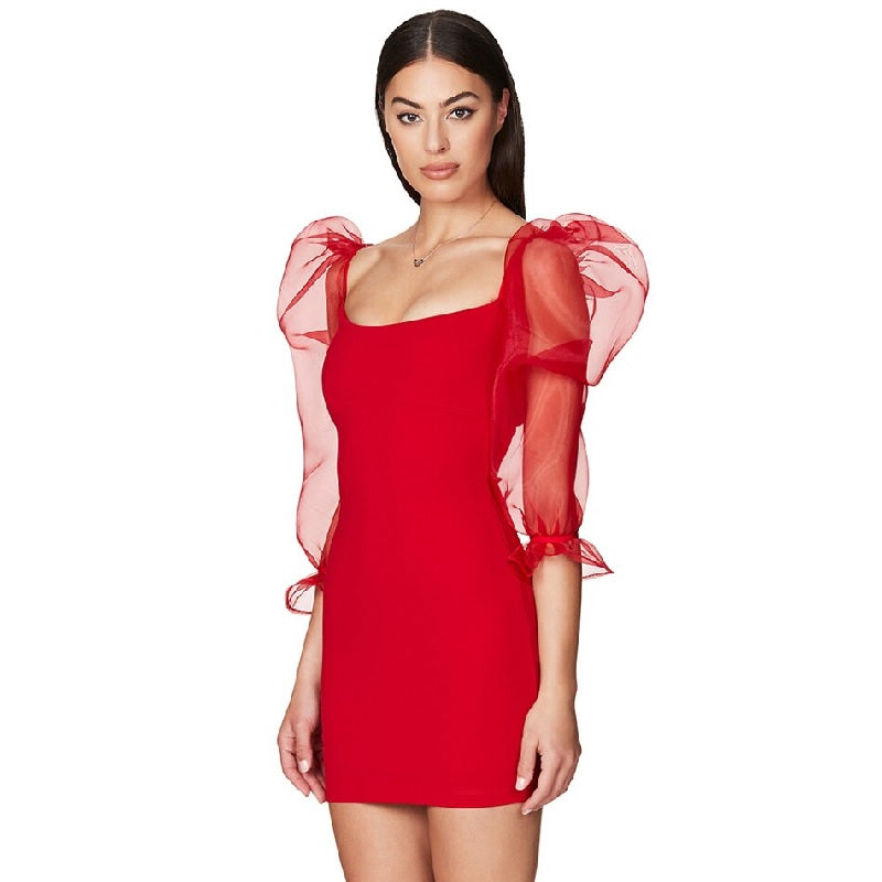 Lace Slash Neck Long Sleeve Club Mini Bodycon Dress