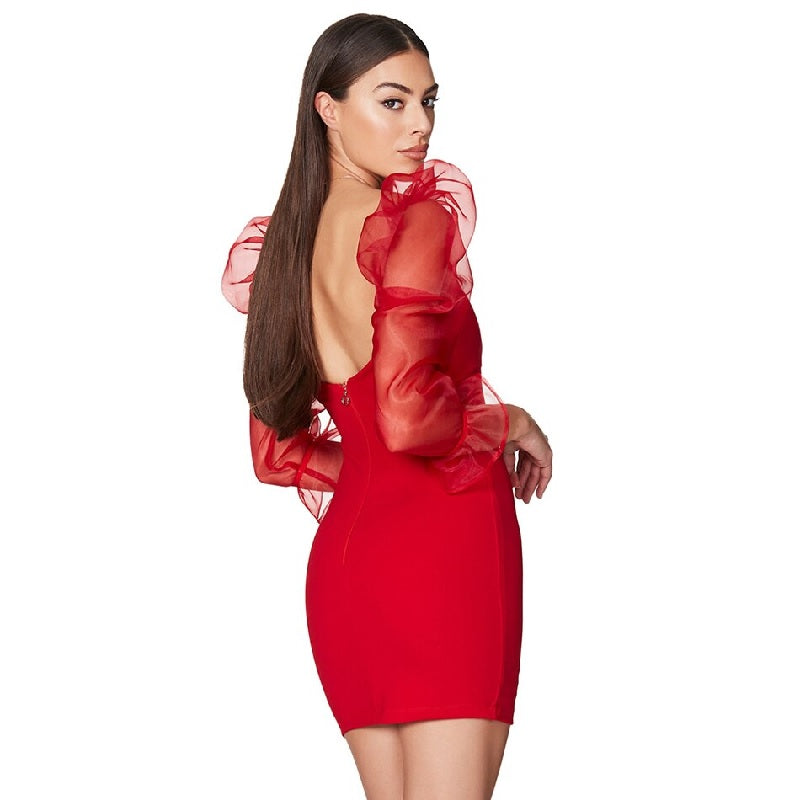 Lace Slash Neck Long Sleeve Club Mini Bodycon Dress