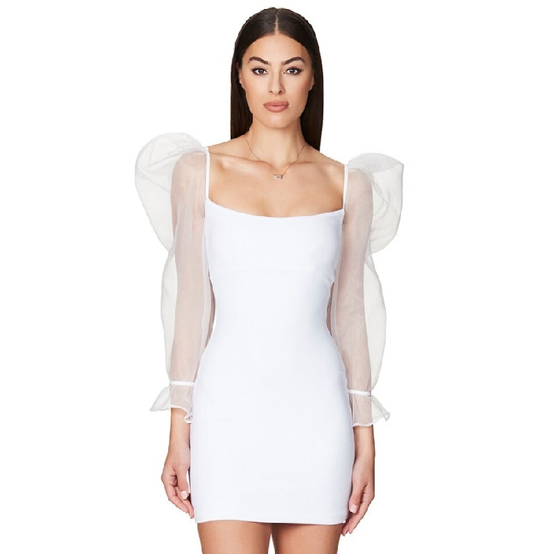 Lace Slash Neck Long Sleeve Club Mini Bodycon Dress
