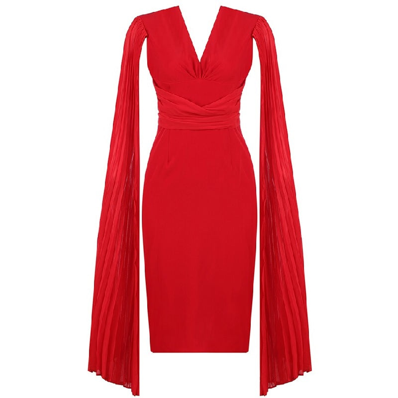 Lace V Neck Batwing Sleeve Celebrity Party Midi Dresses