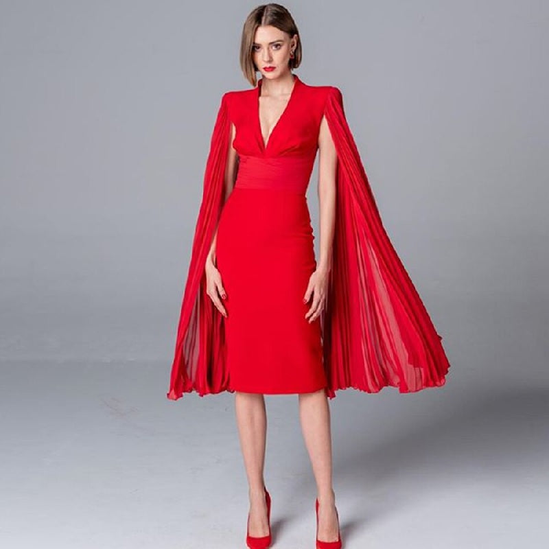 Lace V Neck Batwing Sleeve Celebrity Party Midi Dresses