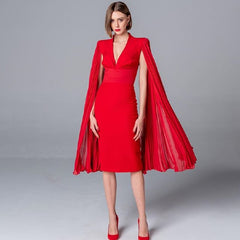 Lace V Neck Batwing Sleeve Celebrity Party Midi Dresses