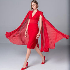 Lace V Neck Batwing Sleeve Celebrity Party Midi Dresses
