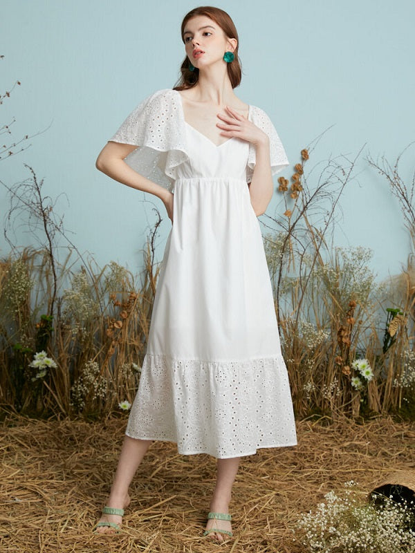 Lace Solid Open Back Butterfly Sleeve Casual Dress