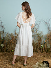 Lace Solid Open Back Butterfly Sleeve Casual Dress