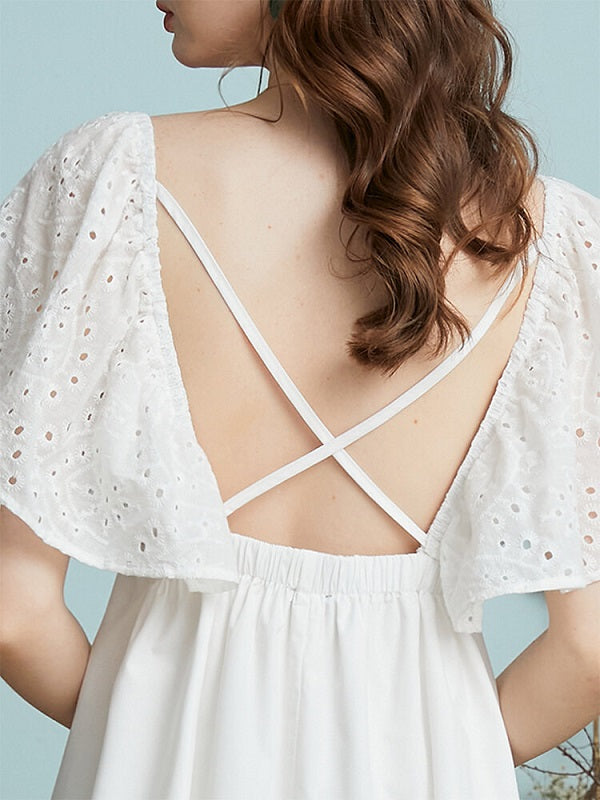 Lace Solid Open Back Butterfly Sleeve Casual Dress