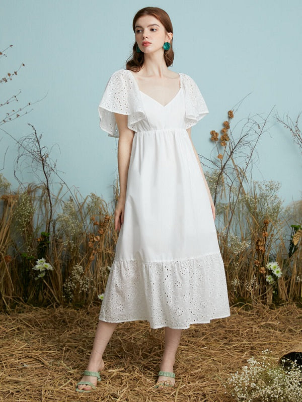 Lace Solid Open Back Butterfly Sleeve Casual Dress