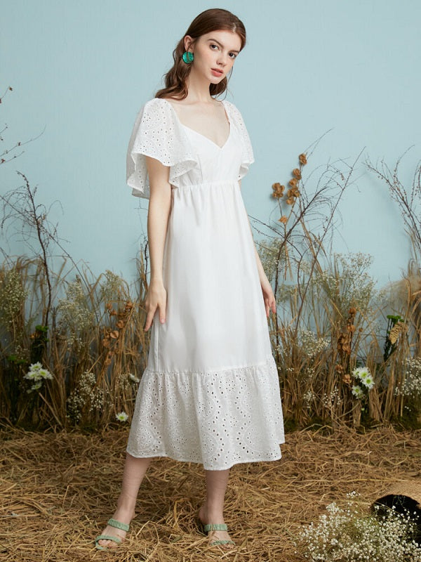 Lace Solid Open Back Butterfly Sleeve Casual Dress