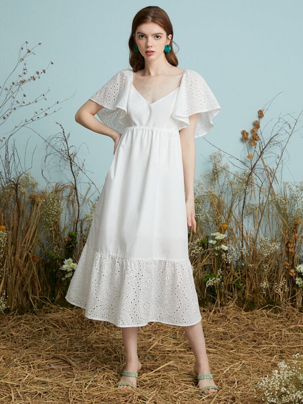 Lace Solid Open Back Butterfly Sleeve Casual Dress