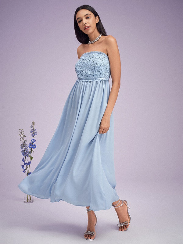 Lace Stitch Shirred Open Back Swing Maxi Tube Dress