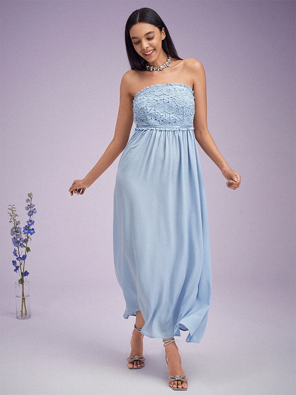 Lace Stitch Shirred Open Back Swing Maxi Tube Dress